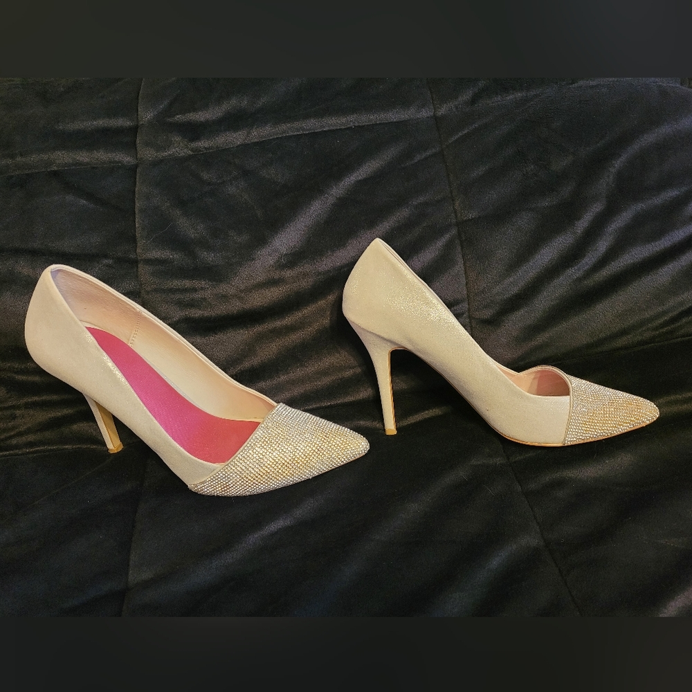 Rhinestone/suede pumps